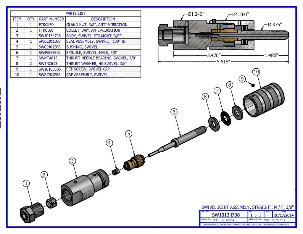 Swivel Joint Assembly, Straight, M / F, 3/8"